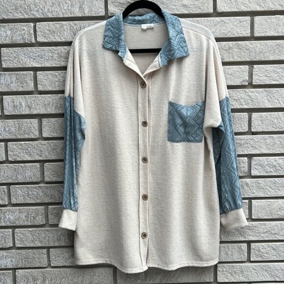 Lovely Melody Button Down Mixed Materials Long Shirt Sz L - Picture 3 of 11